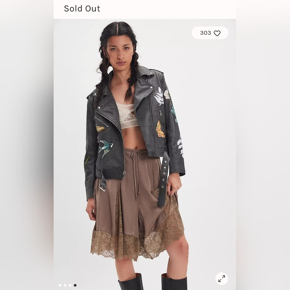 Free People Black Leather Jacket with Butterfly Design